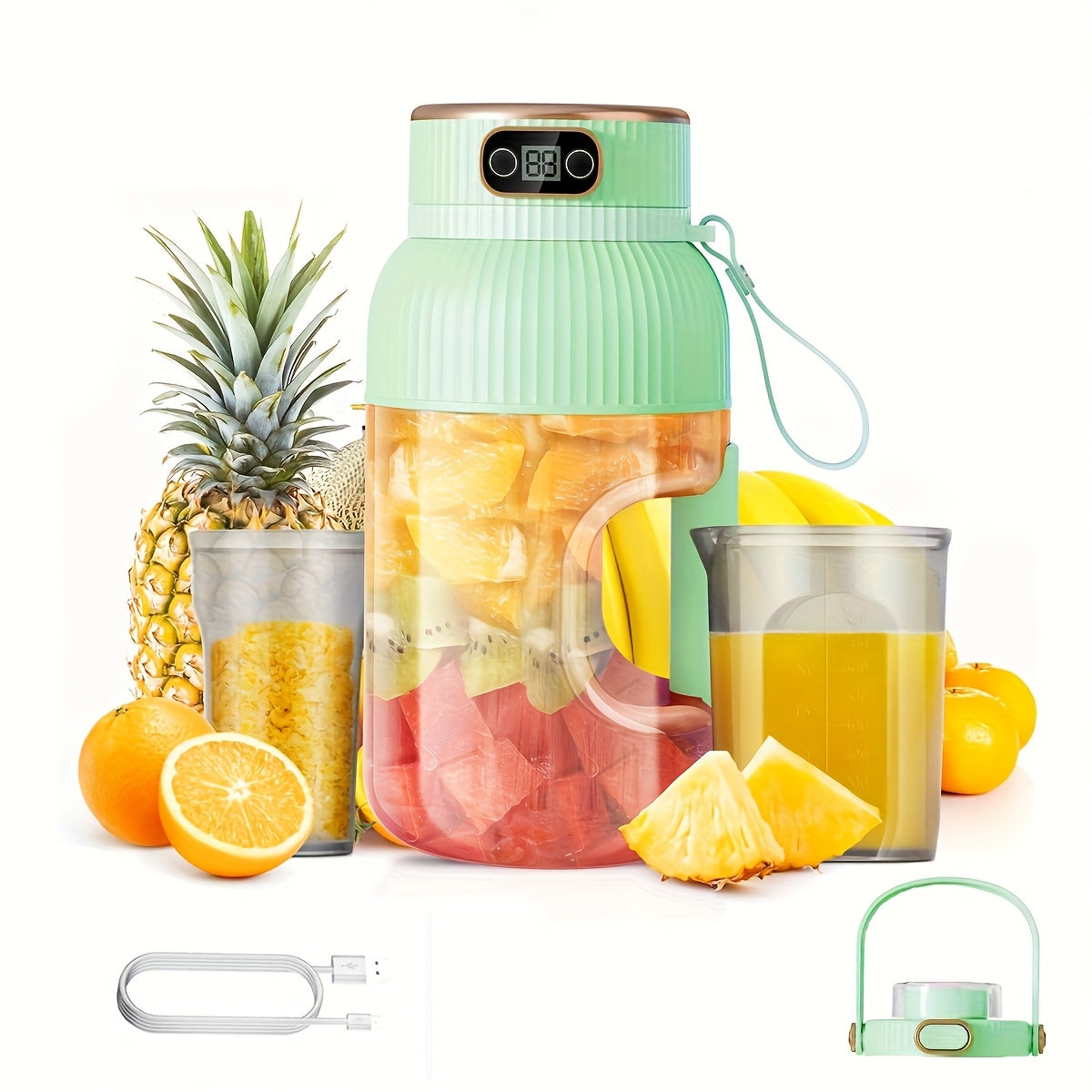 Portable Electric JuicerFruit JuicerLarge Capacity 40.58 oz, Equipped with Straw And Type-C Charging Cable, 10-Blade Cyclone Design, Intelligent Digital Display, One-Button Juicing, 7.4V Dual Battery, 1500MAH High Battery Life