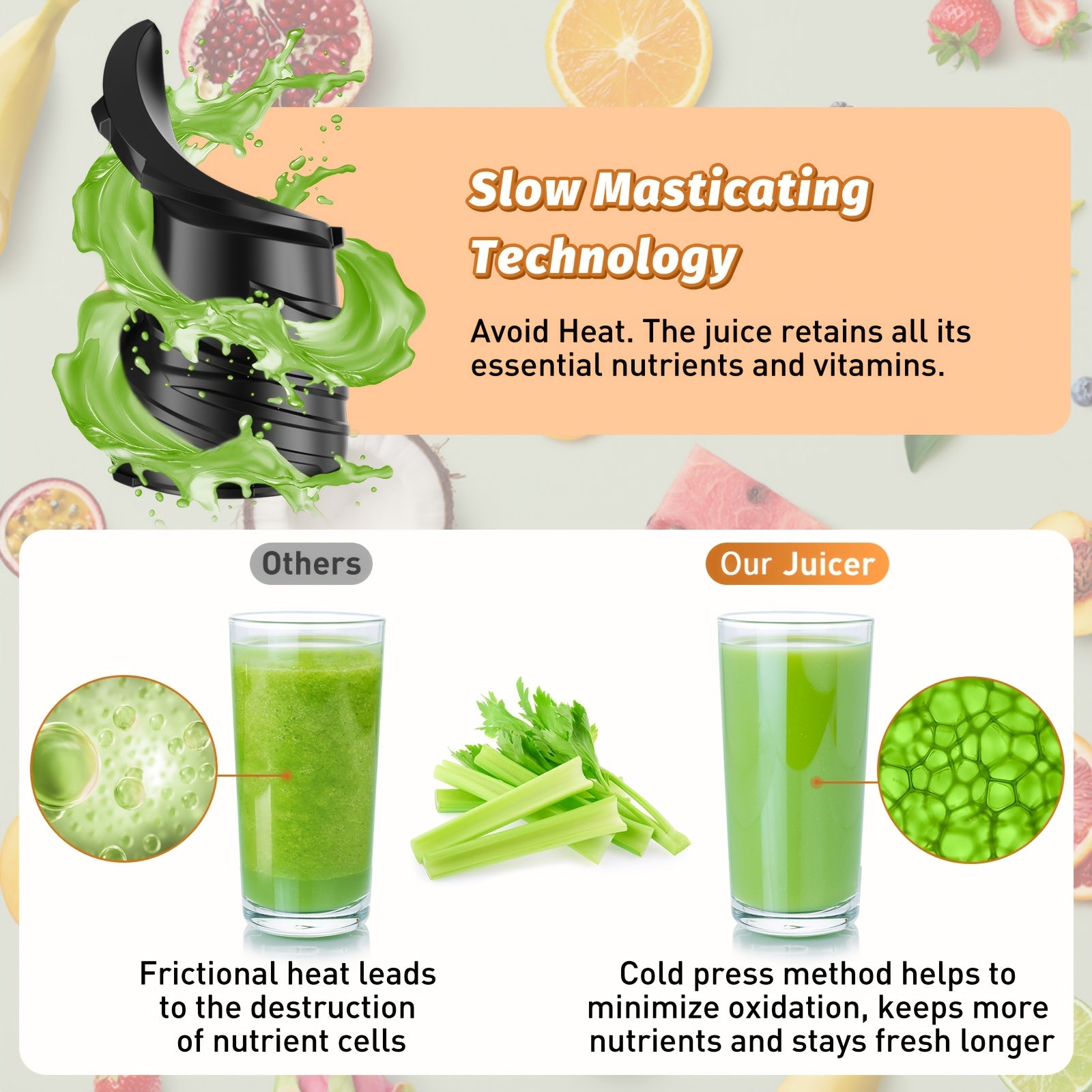 The Juicer Is Equipped With A 5.4-inch Large Feed Chute, Cold Press Juicer, Suitable For A Variety Of Vegetables And Fruits, Professional Slow Chewing Juicer, Easy To Clean, Can Be Disassembled And Washed