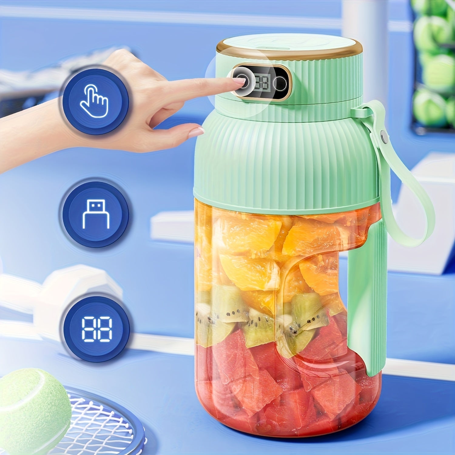 Portable Electric JuicerFruit JuicerLarge Capacity 40.58 oz, Equipped with Straw And Type-C Charging Cable, 10-Blade Cyclone Design, Intelligent Digital Display, One-Button Juicing, 7.4V Dual Battery, 1500MAH High Battery Life