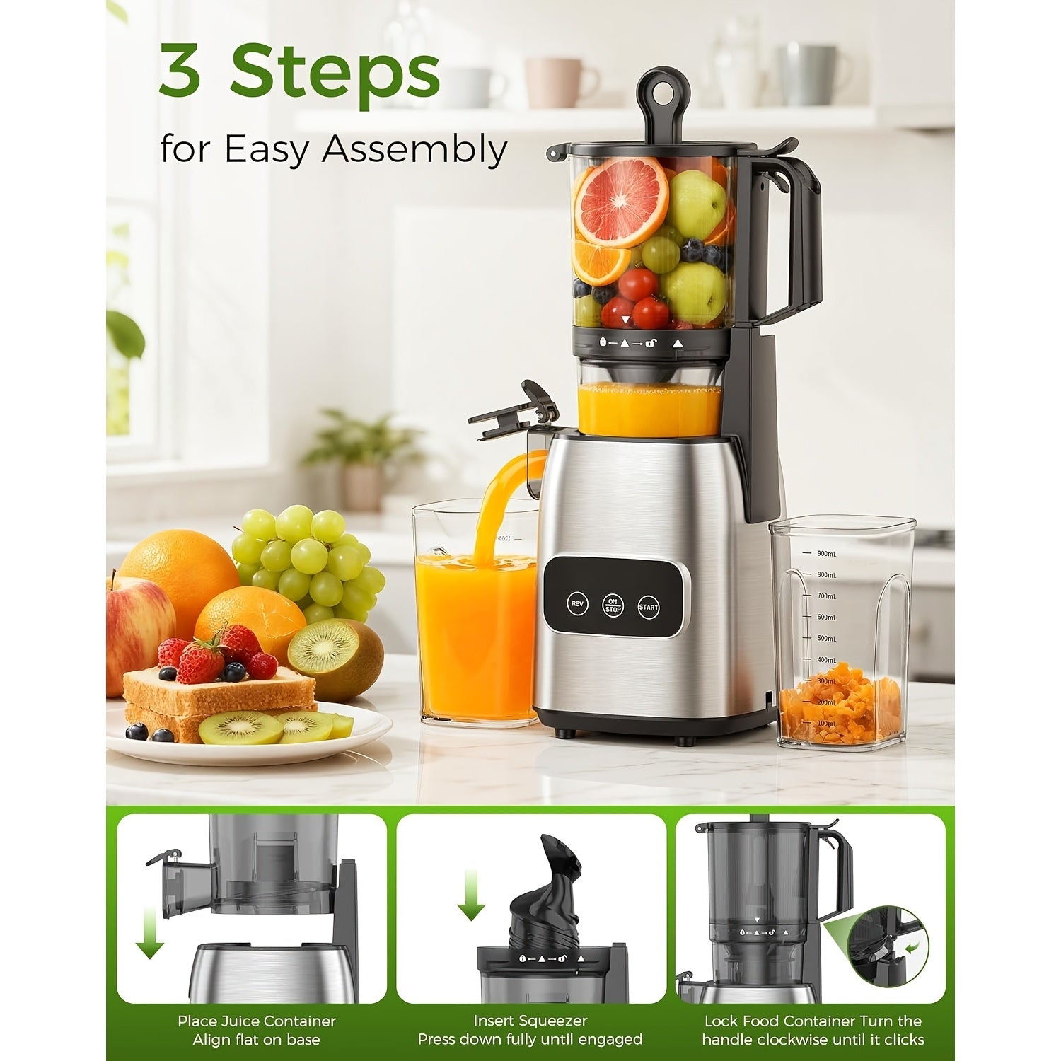 Juicer for Fruits And Vegetables, Featuring a Cold Press Mechanism And a Large Feed Chute That Accommodates Whole Produce